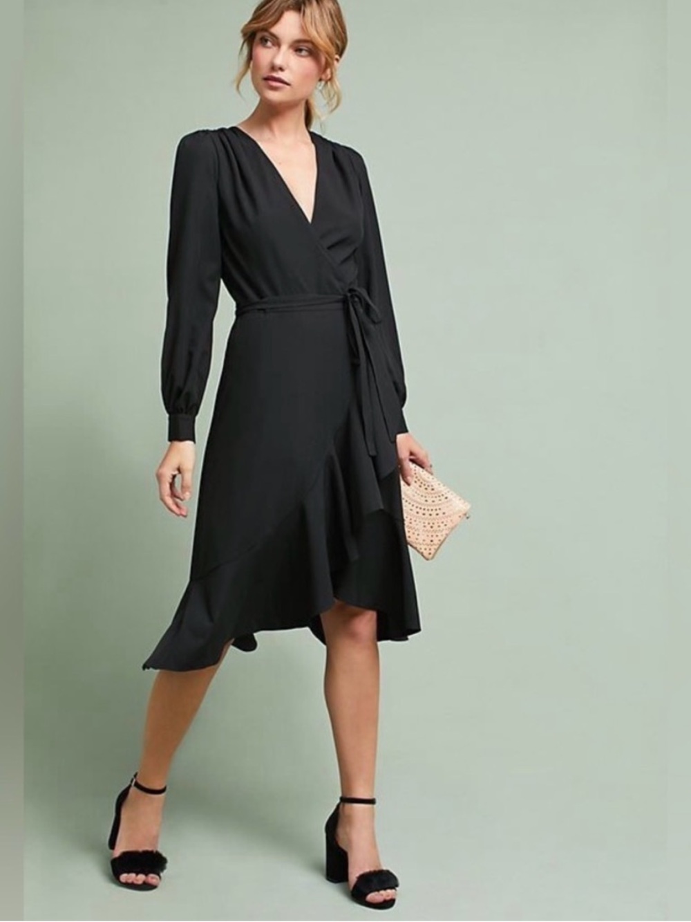 Black Wrap Midi Dress with Tie Waist